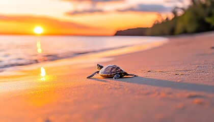 A small turtle walks on the beach toward the setting sun