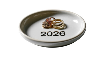 "Rings of Promise: Exquisite wedding rings rest in a pristine white dish, a tangible symbol of love's enduring bond, the number 2026 elegantly inscribed below, a poignant reminder of the future.