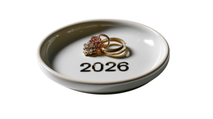 "Rings of Promise: Exquisite wedding rings rest in a pristine white dish, a tangible symbol of love's enduring bond, the number 2026 elegantly inscribed below, a poignant reminder of the future.