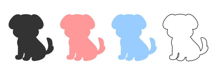 Vector set of cute puppy silhouettes in black, pink, blue, and outline. Minimal hand drawn dog icons in flat and contour styles. Pet illustration for children and design use. 