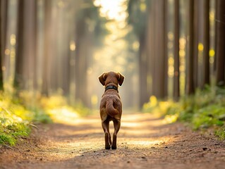 Dog exploring a forest trail with a vibrationbased recall training collar, adventure pet safety, wearable tracking gear