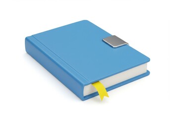 A closed blue book with a silver clasp and yellow bookmark sticking isolated on white background
