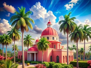 Elegant Pink Building, Red Dome, Palm Trees, Sunny Day - Stock Photo