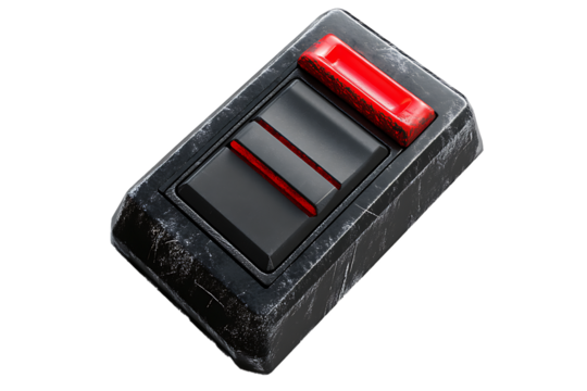 Red button switch on weathered metal panel futuristic design element