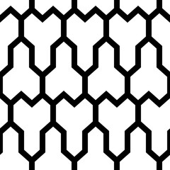 Repeated white puzzle on black background. Seamless surface pattern design with mosaic ornament. Logic games motif. Pavement wallpaper. Digital paper, page fills, web designing, textile print. Vector.