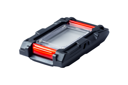 Black and Red Device with Transparent Window Technological Gadget