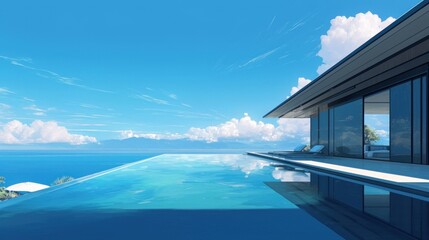 Fototapeta premium Modern waterfront villa with infinity pool. Breathtaking ocean views from a contemporary, sleek home. Spacious outdoor living area