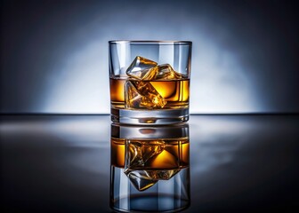 Elegant Scotch Whiskey Glass Reflection White Background Stock Photo