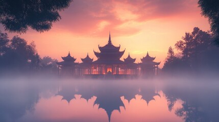 Obraz premium Tranquil Asian temple at sunrise over misty water