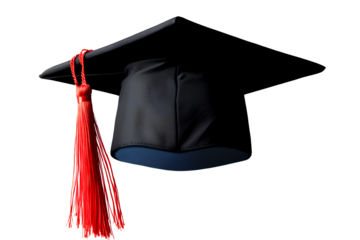 Black graduation cap with red tassel on a transparent background PNG