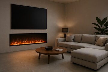 Contemporary living room with built in fireplace, indoor plant and soft neutral palette. Great for aesthetic room decor, cozy room decor and home decoration ideas for calming interiors