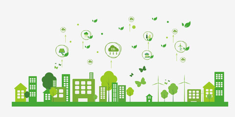 ecology city with green net zero icon 