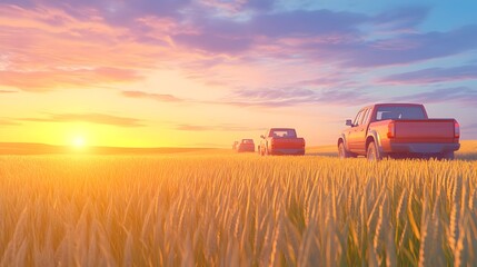 Fototapeta premium A line of red trucks drive through a golden field at sunset