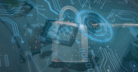 Image of security padlock over man using tablet