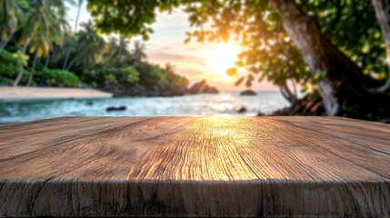Tropical beach sunset over wooden table