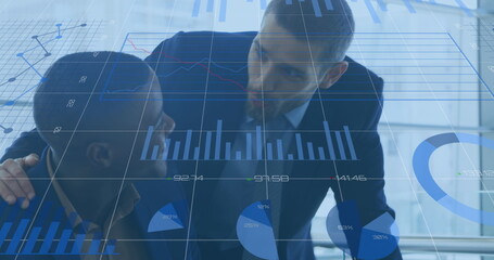 Image of data processing over diverse businessmen talking