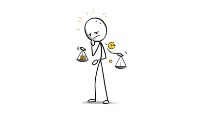 Perplexed stick figure balances conflicting values