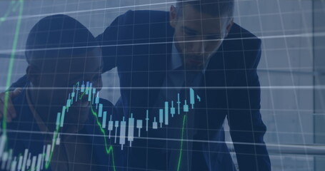 Image of data processing over diverse businessmen talking