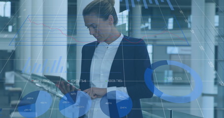 Image of data processing over caucasian businesswoman using tablet