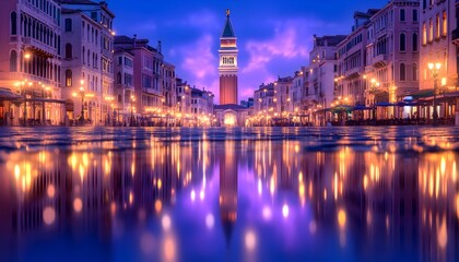 Fototapeta premium A picturesque cityscape at twilight with a tall clock tower reflected in a water body