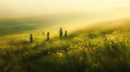Family hiking misty field sunrise; idyllic rural scene