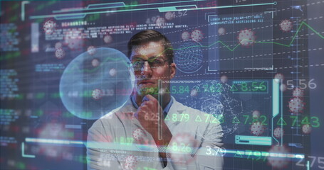 Touching chin adult scientist studying holographic display in tech lab, with virus model overlays