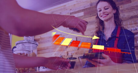 Image of financial data processing over people using payment terminal