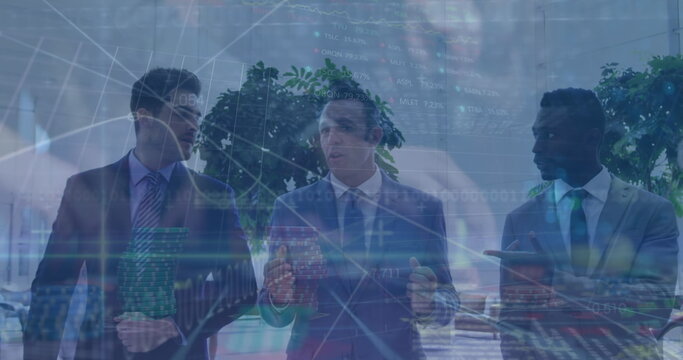 Image of connections and data processing over diverse businessmen