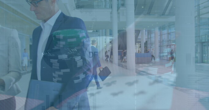 Image of playing cards, data processing over diverse business people