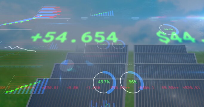 Image of financial data processing over solar panels
