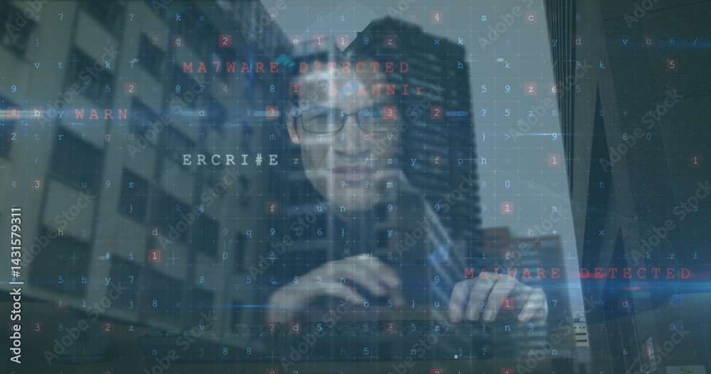 Poster image of data processing over caucasian hacker