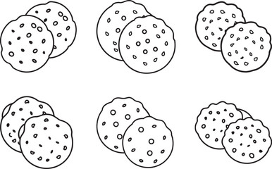 set of chocolate chip cookie line art, black outline, vector and illustration, coloring book page line art drawing