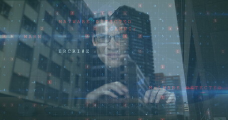 Image of data processing over caucasian hacker