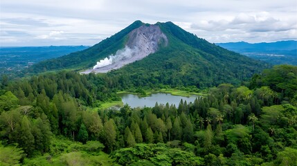 Fototapeta premium Volcanic mountain, lush green forest, serene lake