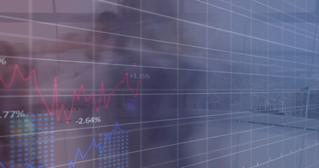 Image of financial data processing over walking people