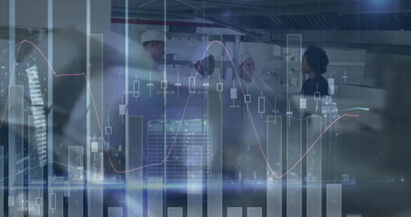 Image of financial data processing over diverse group of people