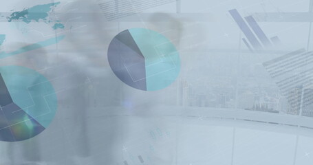 Image of financial data processing over walking people