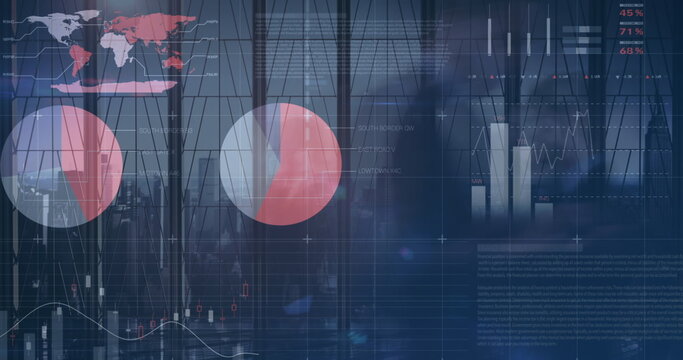 Image of financial data processing over cityscape