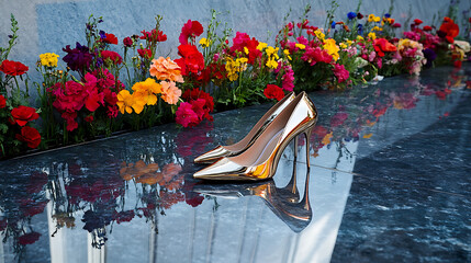 Pointed-toe pumps resting on a polished stone surface with contemporary building reflections and vibrant flower arrangements 