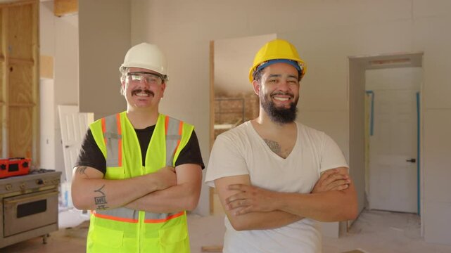 Two skilled construction workers in hard hats and bright safety vests pose in front of a modern building under construction, showcasing their expertise and professionalism in the industry