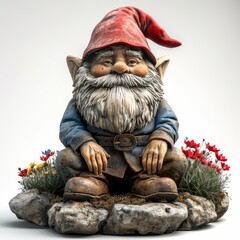 A whimsical garden gnome with a red hat and blue attire, surrounded by colorful flowers on a stone base.