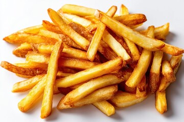 A close-up studio shot of a pile of golden, crispy french fries, a fast food favorite, presented on a clean white surface for a vibrant and appetizing display.