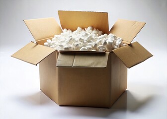 Empty Cardboard Box, Packing Materials, White Background - Stock Photo