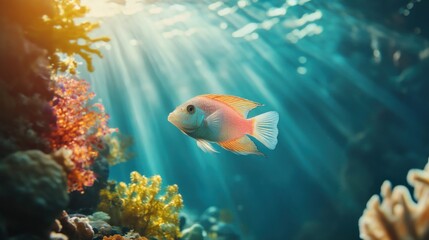 Fototapeta premium Vibrant coral reef fish in sunlit underwater scene (1)