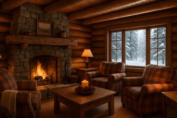 Fototapeta premium Charming wood cabin living room with crackling fireplace and soft lighting. Ideal for room decor ideas, cozy room decor lovers and aesthetic room decor for holiday season inspiration. Home decor.