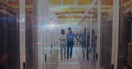 Image of data and padlock over computer servers and caucasian male and female it engineer