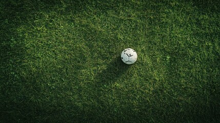 White soccer ball on green grass field viewed from above.