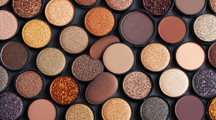 Top view of many round eyeshadow palettes in various brown shades.