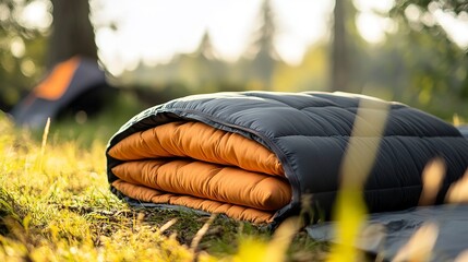 Obraz premium Lightweight foldable camping pillow and blanket ideal for hiking or outdoor adventures in nature