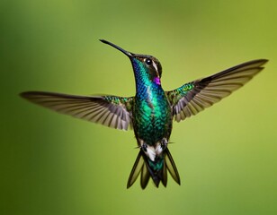 Fototapeta premium Vibrant Green and Blue Hummingbird with Outstretched Wings on Green Background